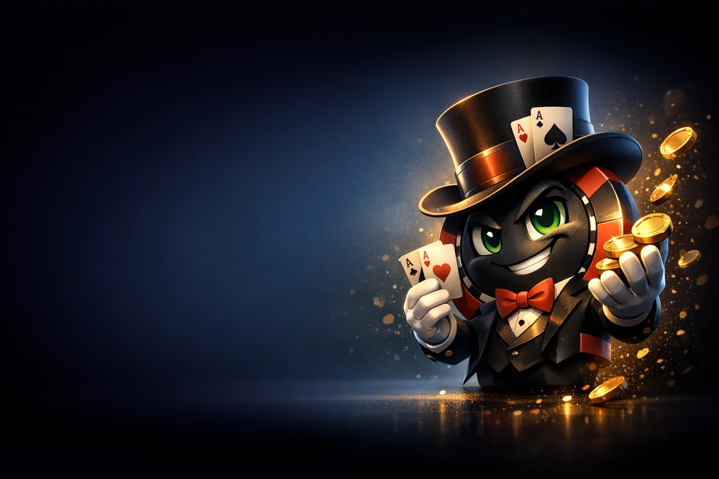 Cinematic 3D hero image for Allinbet online casino featuring a glowing golden poker chip with deep navy background and golden